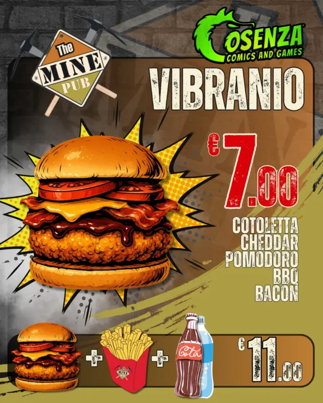 🚨🍔 𝐔𝐧 𝐦𝐞𝐧ù 𝐝𝐚 𝐄𝐑𝐎𝐈 𝐭𝐢 𝐚𝐬𝐩𝐞𝐭𝐭𝐚 𝐚𝐥 𝐂𝐨𝐬𝐞𝐧𝐳𝐚 𝐂𝐨𝐦𝐢𝐜𝐬! 🍔🚨

È finalmente arrivato il momento di vivere l’avventura 𝐓𝐡𝐞 𝐌𝐢𝐧𝐞 𝐏𝐮𝐛 al 𝐂𝐨𝐬𝐞𝐧𝐳𝐚 𝐂𝐨𝐦𝐢𝐜𝐬 & 𝐆𝐚𝐦𝐞𝐬! 😎⚡️

Questo 𝐬𝐚𝐛𝐚𝐭𝐨 𝟏𝟎 e 𝐝𝐨𝐦𝐞𝐧𝐢𝐜𝐚 𝟏𝟏 𝐦𝐚𝐠𝐠𝐢𝐨, il nostro 𝐬𝐭𝐚𝐧𝐝 𝐟𝐨𝐨𝐝 ti farà vivere un’𝐚𝐯𝐯𝐞𝐧𝐭𝐮𝐫𝐚 𝐜𝐮𝐥𝐢𝐧𝐚𝐫𝐢𝐚 senza precedenti! 🌟

Dai metalli leggendari ai poteri sovrumani, i nostri panini sono ispirati ai mondi più iconici della 𝐜𝐮𝐥𝐭𝐮𝐫𝐚 𝐜𝐨𝐦𝐢𝐜𝐬! ⚔️🎯 Non perdere l'occasione di assaporare il gusto esplosivo di panini come il 𝑅𝑒𝑑𝑠𝑡𝑜𝑛𝑒, il 𝑀𝑖𝑡ℎ𝑟𝑖𝑙, il 𝑉𝑖𝑏𝑟𝑎𝑛𝑖𝑜 e tanti altri. 💣

Vieni a trovarci e scopri il gusto che solo The Mine Pub sa offrire! 🍻

𝑫𝒐𝒗𝒆❓ 
Parco Acquatico Santa Chiara, Rende (CS). 
Non mancare! 🤩